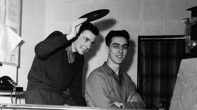 Frank Cameron (left) hamming it up, holding the vinyl over Don Campbell at CKCL Truro in 1958. Photo courtesy of Pottersfield Press