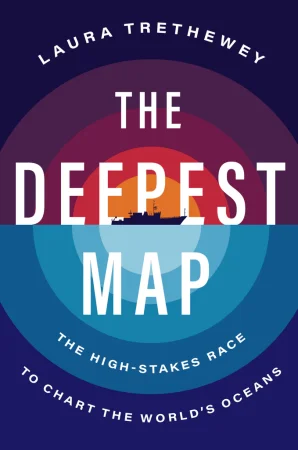 The book cover for The Deepest Map shows red and blue concentric circles with a ship at the centre.